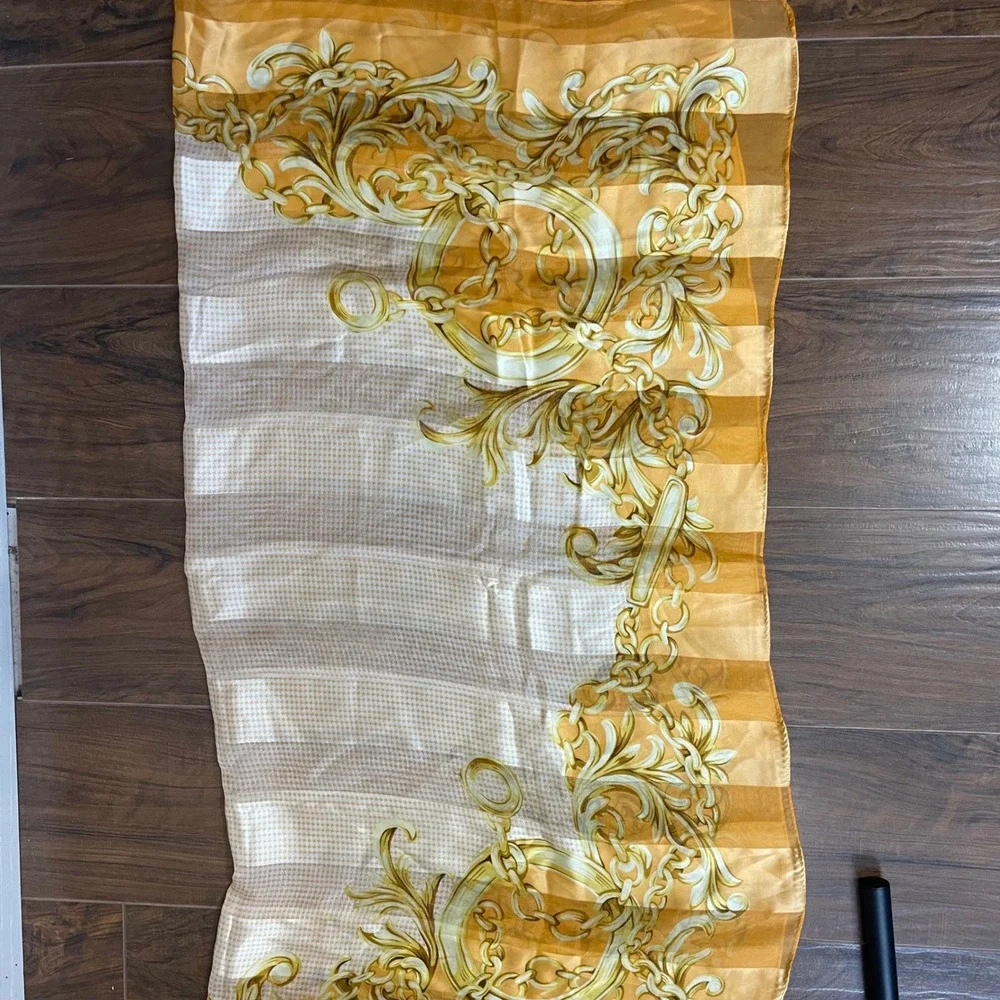Nino Cerruti Silk Scarf Yellow Gold Baroque Chain Houndstooth Square Wrap Italy
